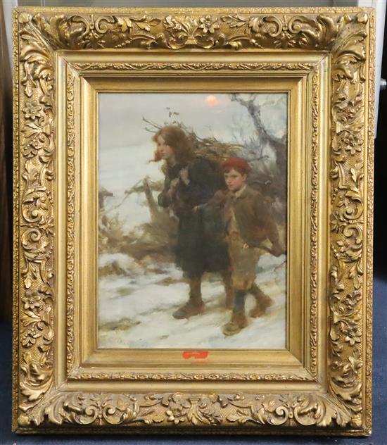 William Pratt (1855-1936) Children gathering wood in winter 16 x 12in.